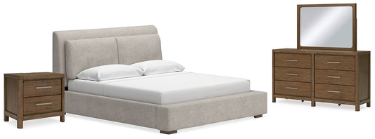 Cama tapizada Cabalynn tamaño California King con tocador y mesita de noche con espejo