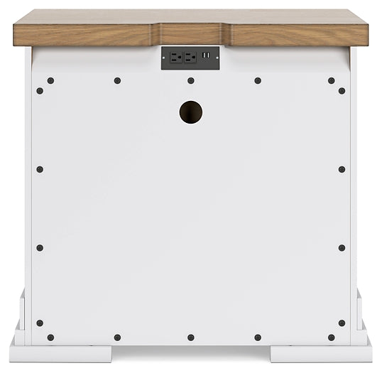 Cama Ashbryn Queen con cabecero, tocador con espejo y mesita de noche.