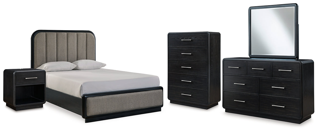 Cama Rowanbeck Queen tapizada con cabecero, tocador con espejo, cómoda y mesita de noche