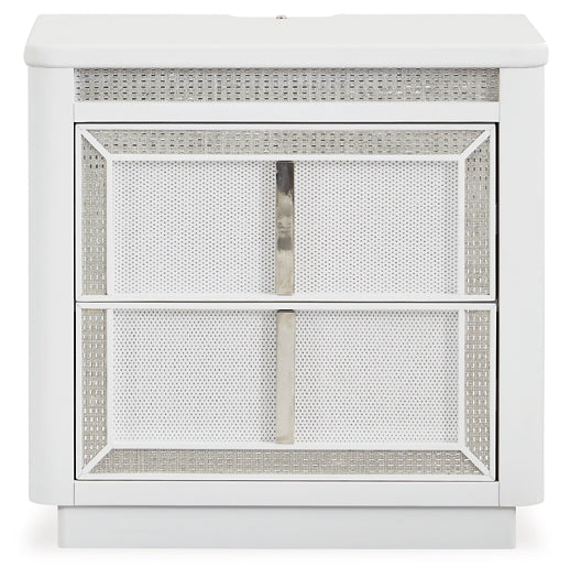 Cama Chalanna Queen tapizada con almacenaje, tocador con espejo, cómoda y mesita de noche.