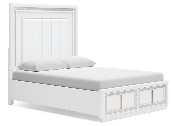 Cama Chalanna Queen tapizada con almacenaje, tocador con espejo, cómoda y mesita de noche.