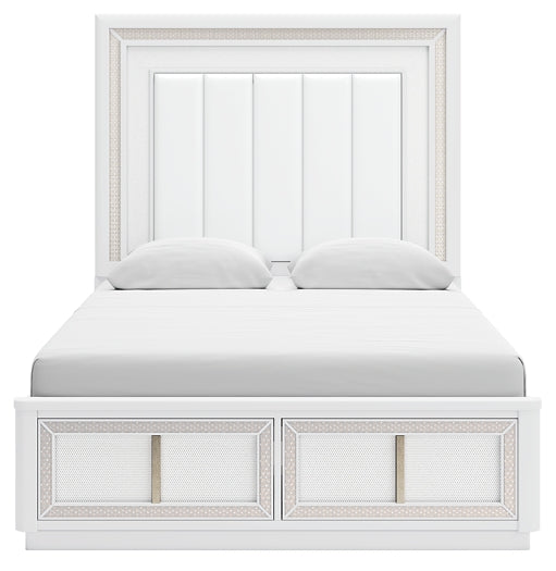 Cama Chalanna Queen tapizada con almacenaje, tocador con espejo, cómoda y mesita de noche.