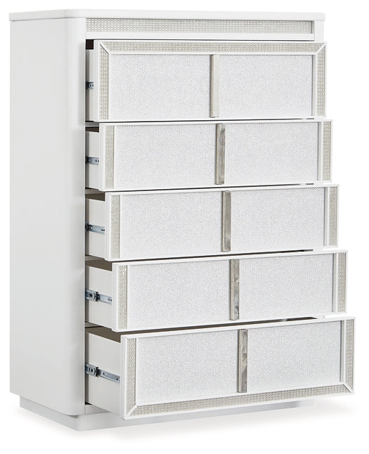 Cama Chalanna Queen tapizada con almacenaje, tocador con espejo, cómoda y mesita de noche.