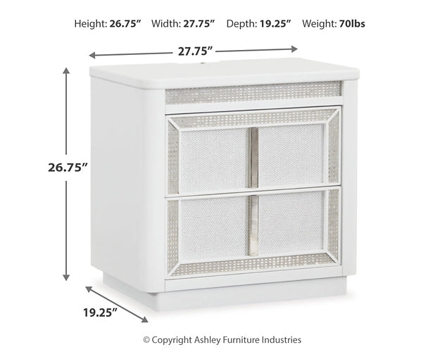 Cama Chalanna Queen tapizada con almacenaje, tocador con espejo, cómoda y mesita de noche.