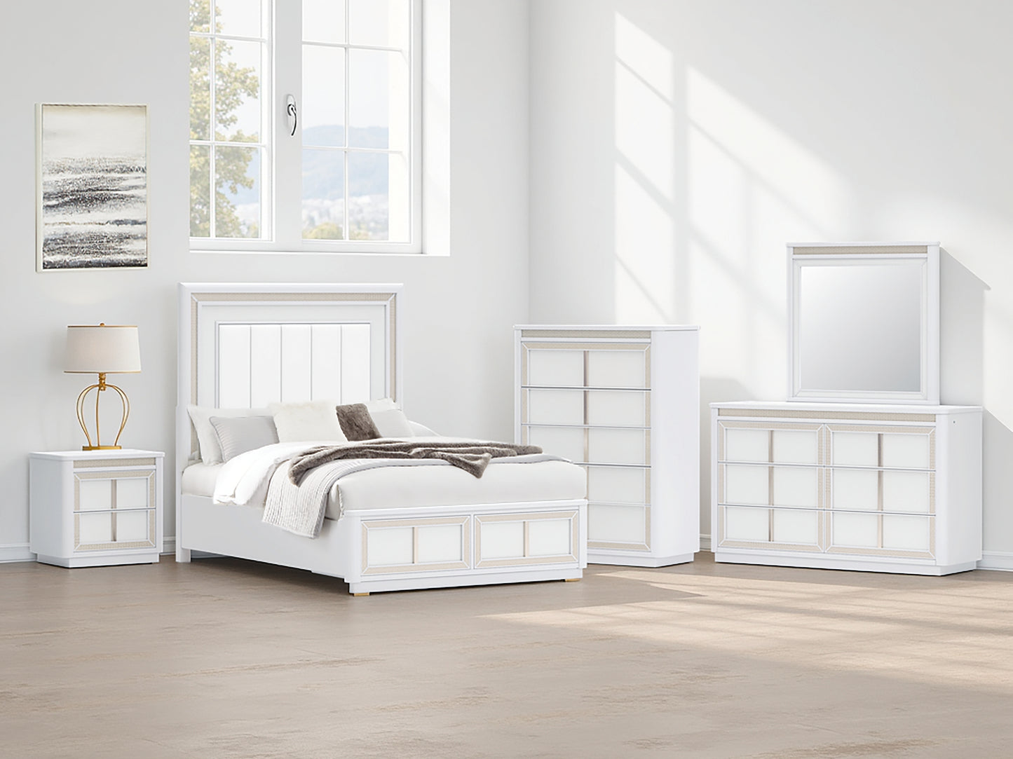 Cama Chalanna Queen tapizada con almacenaje, tocador con espejo, cómoda y mesita de noche.