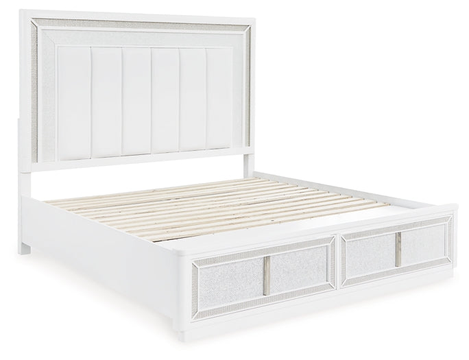 Cama Chalanna Queen tapizada con almacenaje y tocador con espejo