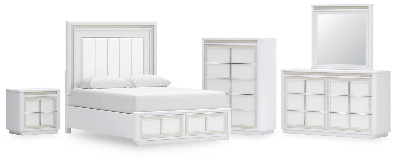 Cama Chalanna Queen tapizada con almacenaje, tocador con espejo, cómoda y mesita de noche.