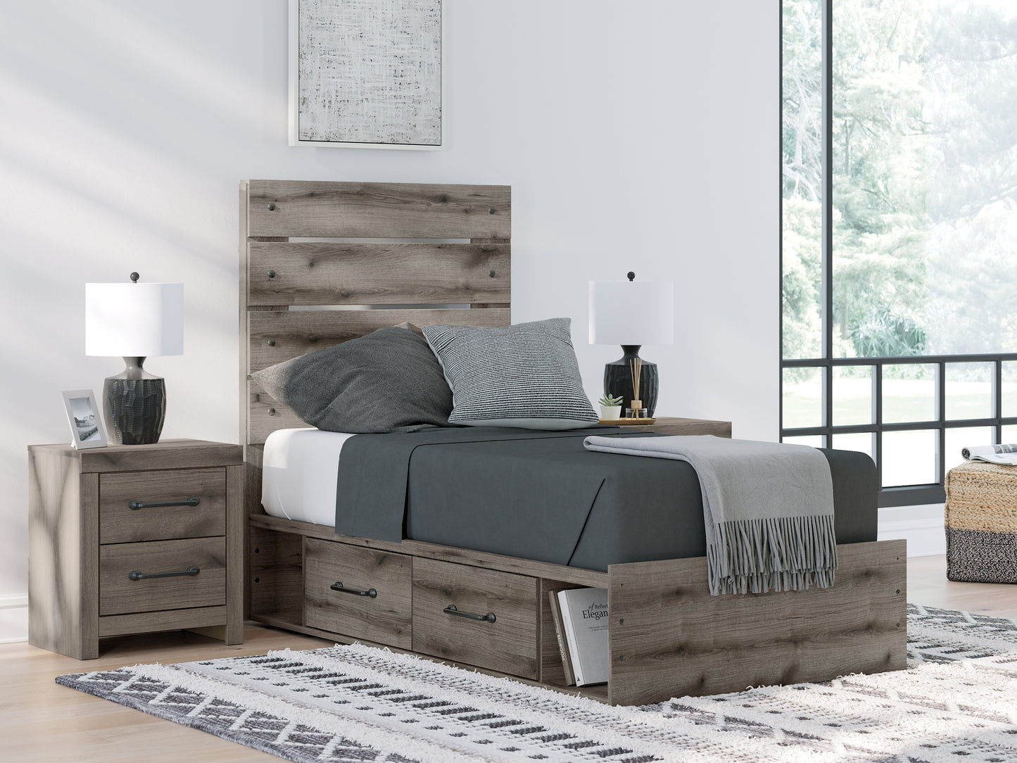 Graystorm Twin Panel Storage Bed with Mirrored Dresser