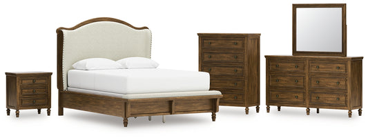 Sturlayne Queen Upholstered Panel Bed with Mirrored Dresser, Chest and Nightstand