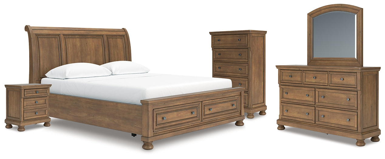 Feddinger California King Storage Sleigh Bed with Mirrored Dresser, Chest and Nightstand