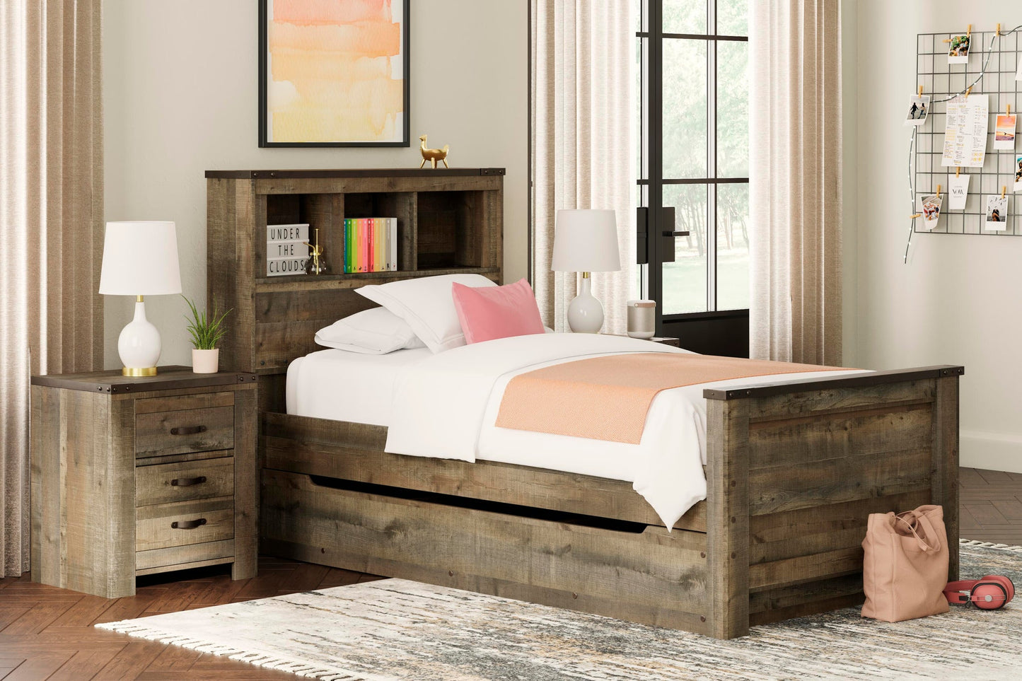 Cama con estantería doble Trinell con 1 cajón de almacenamiento grande