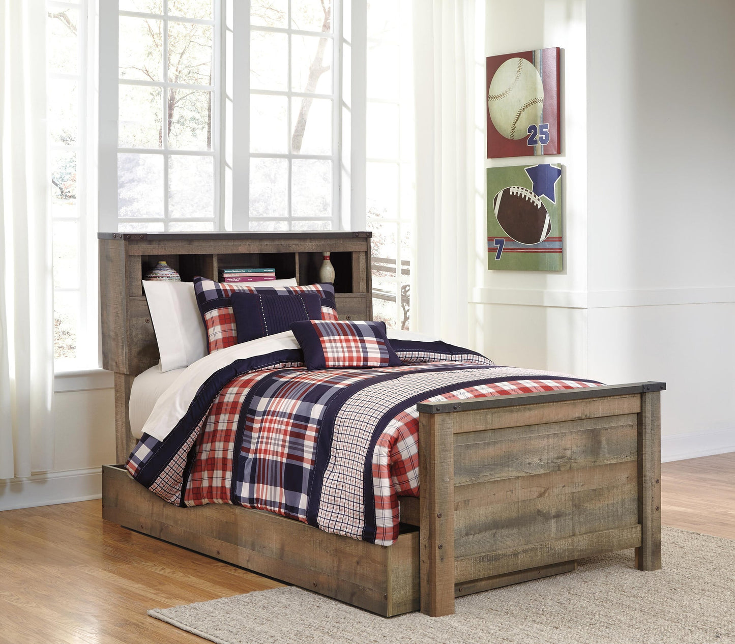 Cama con estantería doble Trinell con 1 cajón de almacenamiento grande