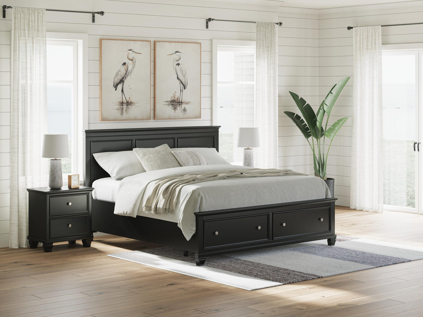 Cama con almacenamiento y panel tamaño king Lanolee
