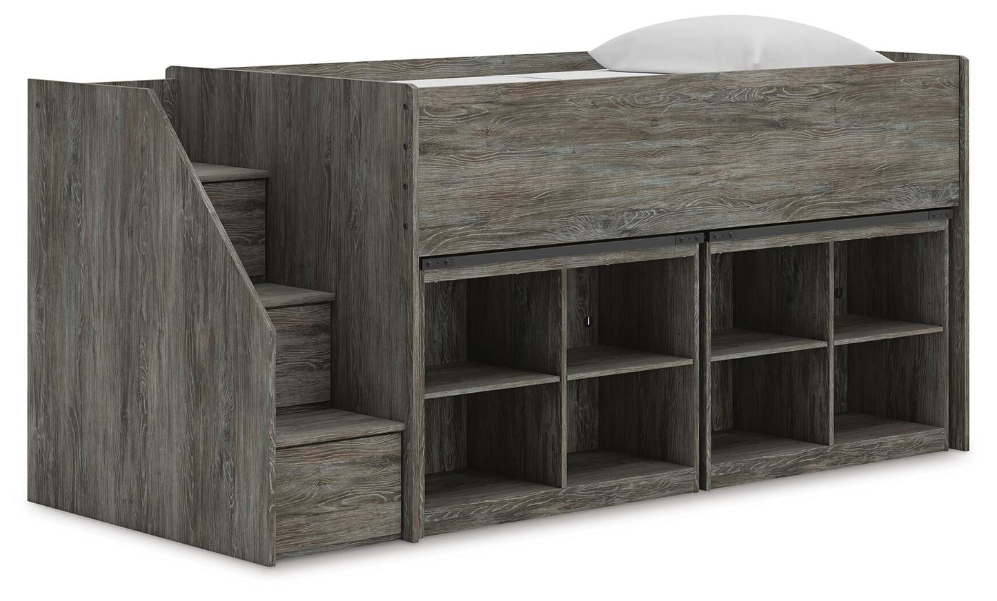 Cama alta doble Frandern con estantería