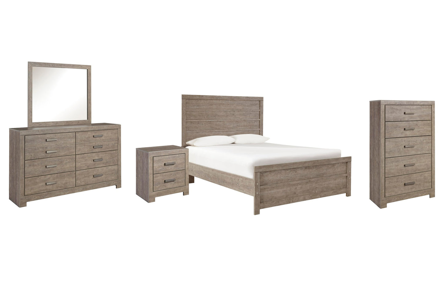 Cama Culverbach de tamaño completo con tocador con espejo, cómoda y mesita de noche