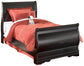 Cama doble Huey Vineyard tipo trineo con tocador con espejo, cómoda y mesita de noche