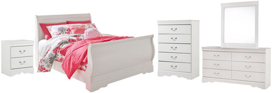 Cama Anarasia tamaño trineo con tocador con espejo, cómoda y mesita de noche