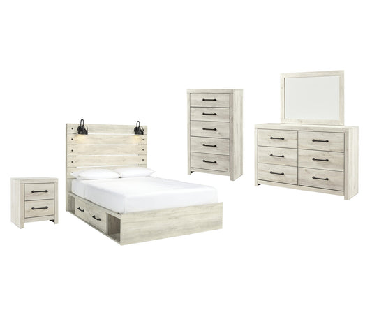 Cama Cambeck tamaño Queen con cabecero y cuatro cajones, tocador con espejo, cómoda y mesita de noche.