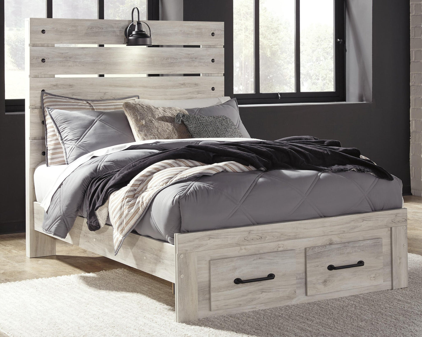 Cama Cambeck de panel completo con 2 cajones de almacenamiento y tocador con espejo