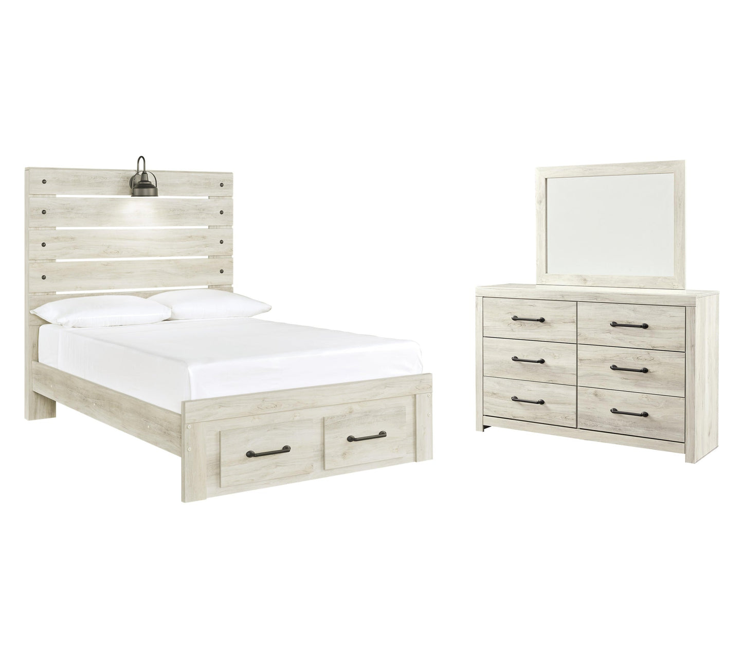 Cama Cambeck de panel completo con 2 cajones de almacenamiento y tocador con espejo