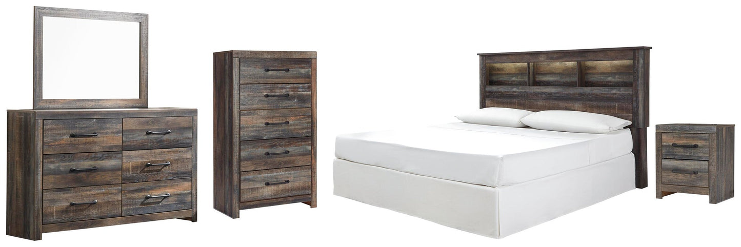 Cabecero Drystan King/California King con estantería, tocador con espejo, cómoda y mesita de noche.
