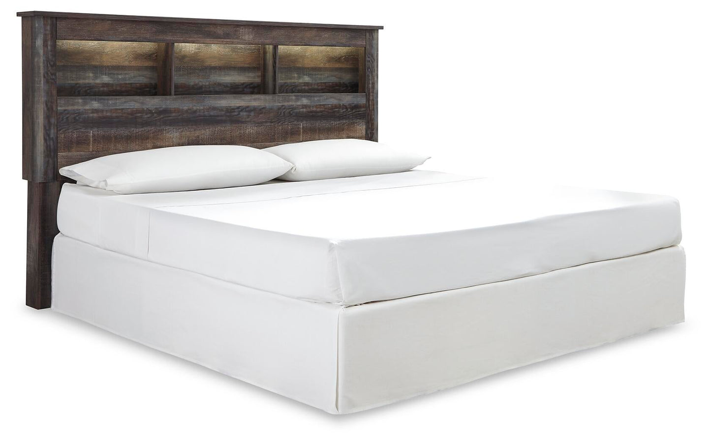 Cabecero Drystan King/California King con estantería, tocador con espejo, cómoda y mesita de noche.