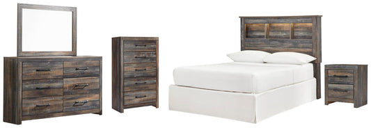 Cabecero Drystan con librería completa, tocador con espejo, cómoda y mesita de noche.