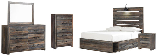 Cama Drystan de tamaño completo con cuatro cajones, tocador con espejo, cómoda y mesita de noche.