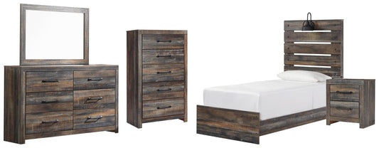Cama individual Drystan con tocador con espejo, cómoda y mesita de noche