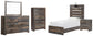 Cama individual Drystan con tocador con espejo, cómoda y mesita de noche