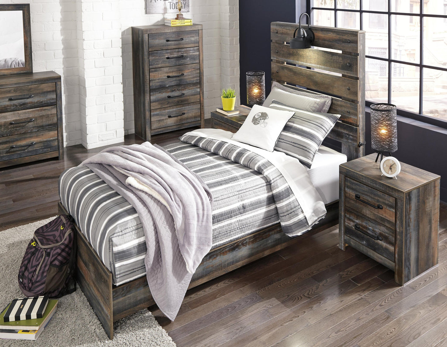 Cama individual Drystan con tocador con espejo, cómoda y mesita de noche