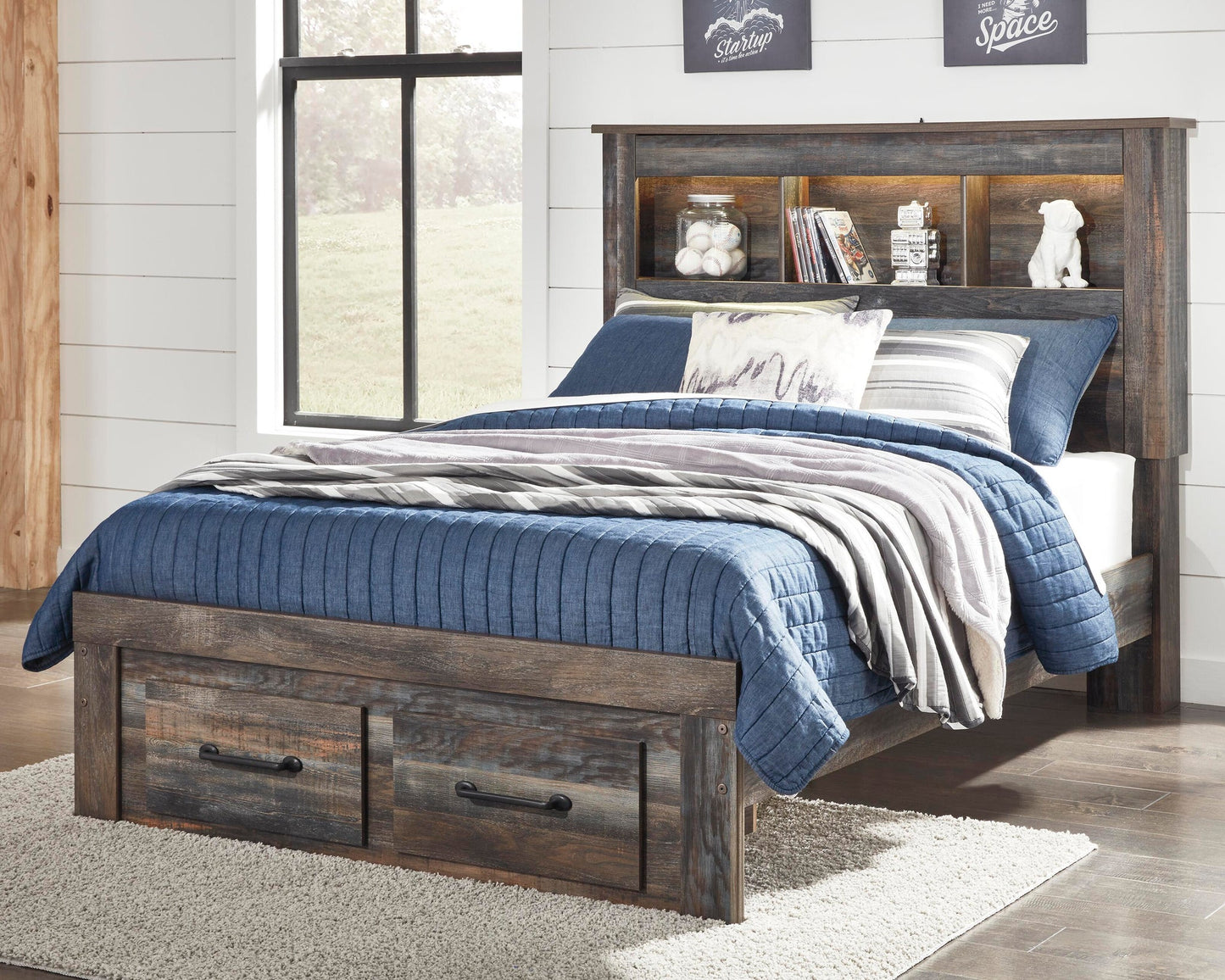 Cama-librería Drystan de tamaño completo con 2 cajones de almacenamiento y tocador con espejo