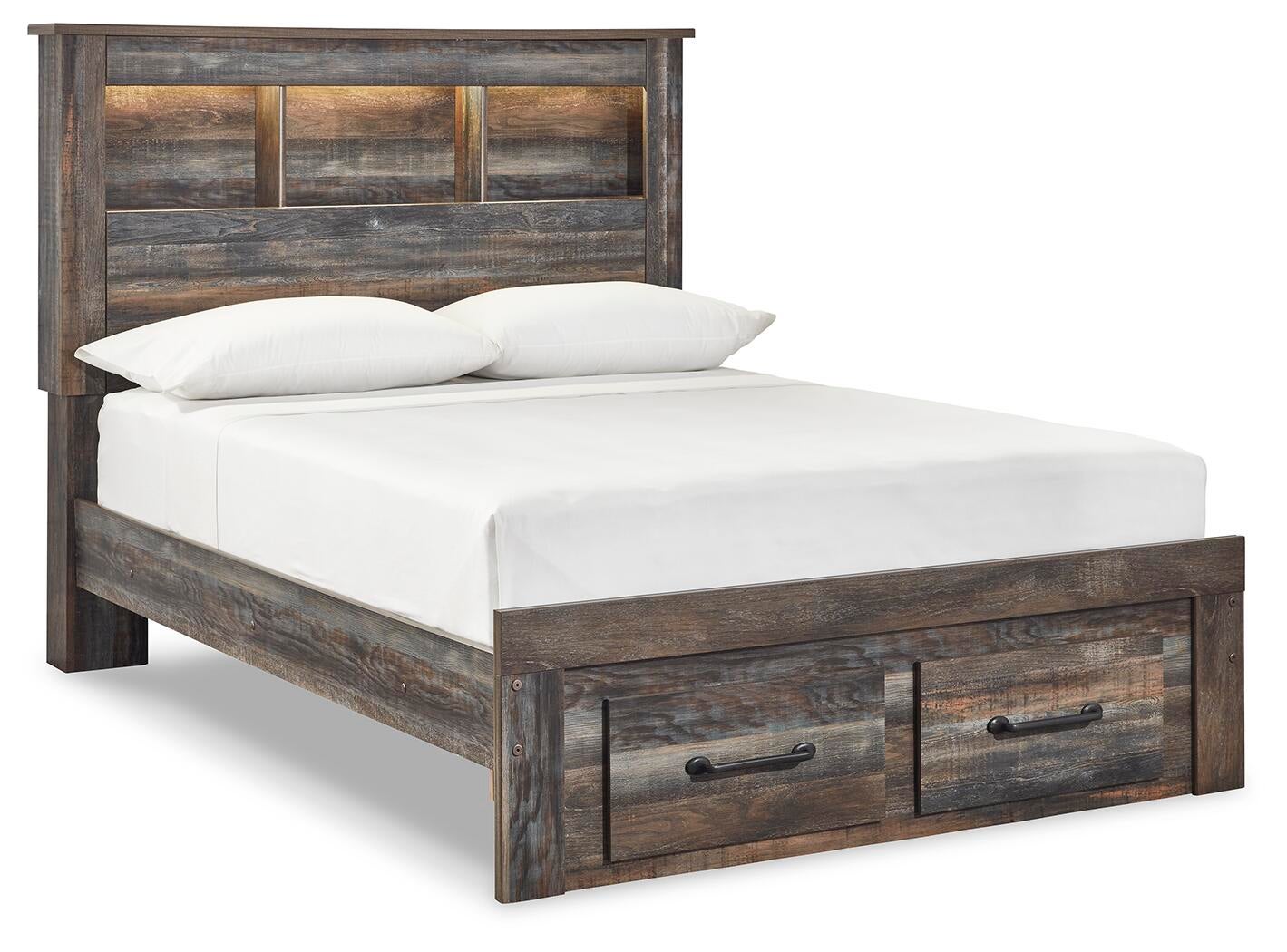 Cama Drystan de tamaño completo con estantería, 2 cajones de almacenamiento, tocador con espejo, cómoda y mesita de noche.