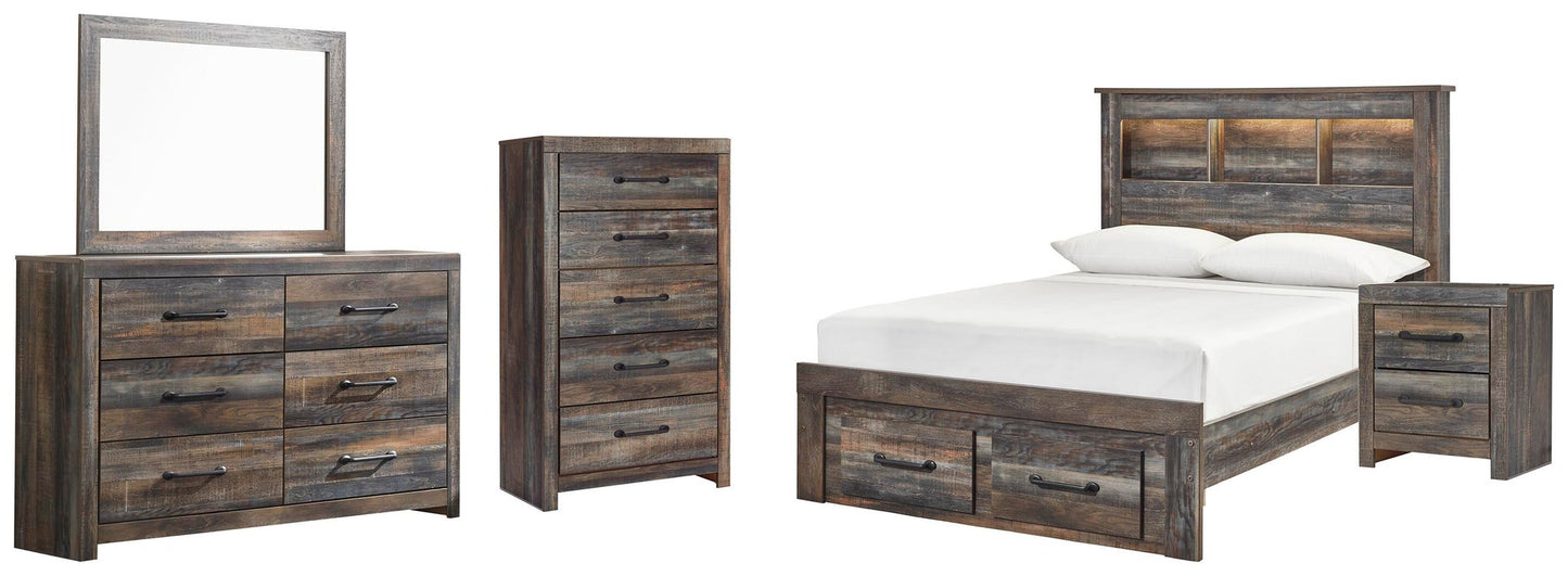 Cama Drystan de tamaño completo con estantería, 2 cajones de almacenamiento, tocador con espejo, cómoda y mesita de noche.