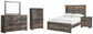 Cama Drystan de tamaño completo con estantería, 2 cajones de almacenamiento, tocador con espejo, cómoda y mesita de noche.