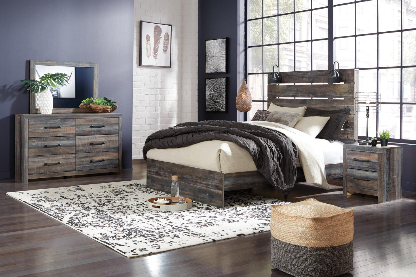 Cama Drystan Queen con cabecero y tocador con espejo