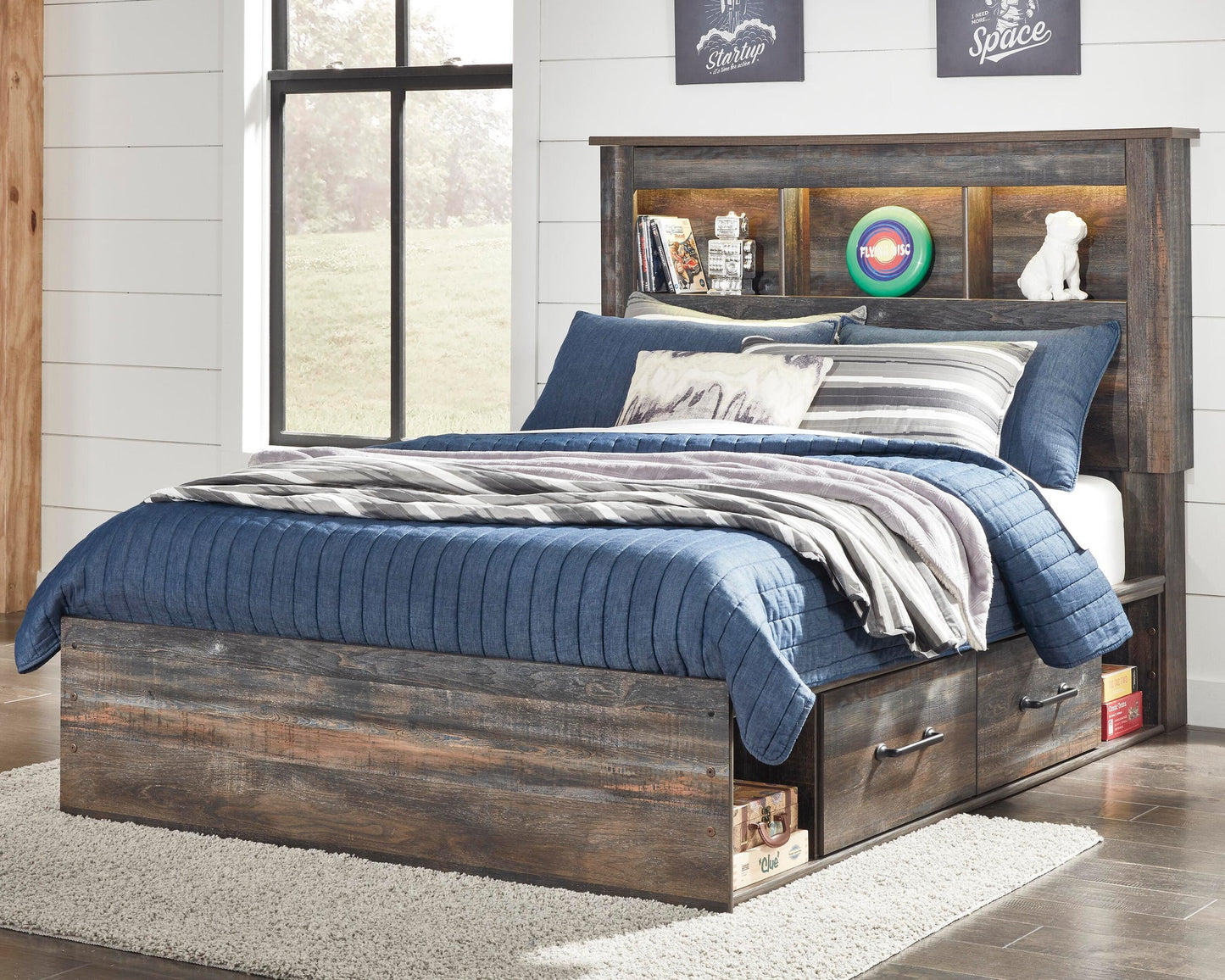 Cama-librería Drystan de tamaño completo con 4 cajones de almacenamiento y tocador con espejo