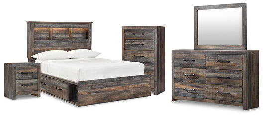 Cama Drystan de tamaño completo con estantería, 2 cajones de almacenamiento, tocador con espejo, cómoda y mesita de noche.