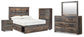 Cama Drystan de tamaño completo con estantería, 2 cajones de almacenamiento, tocador con espejo, cómoda y mesita de noche.