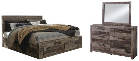 Cama Derekson tamaño King con cabecero y cuatro cajones de almacenamiento y tocador con espejo
