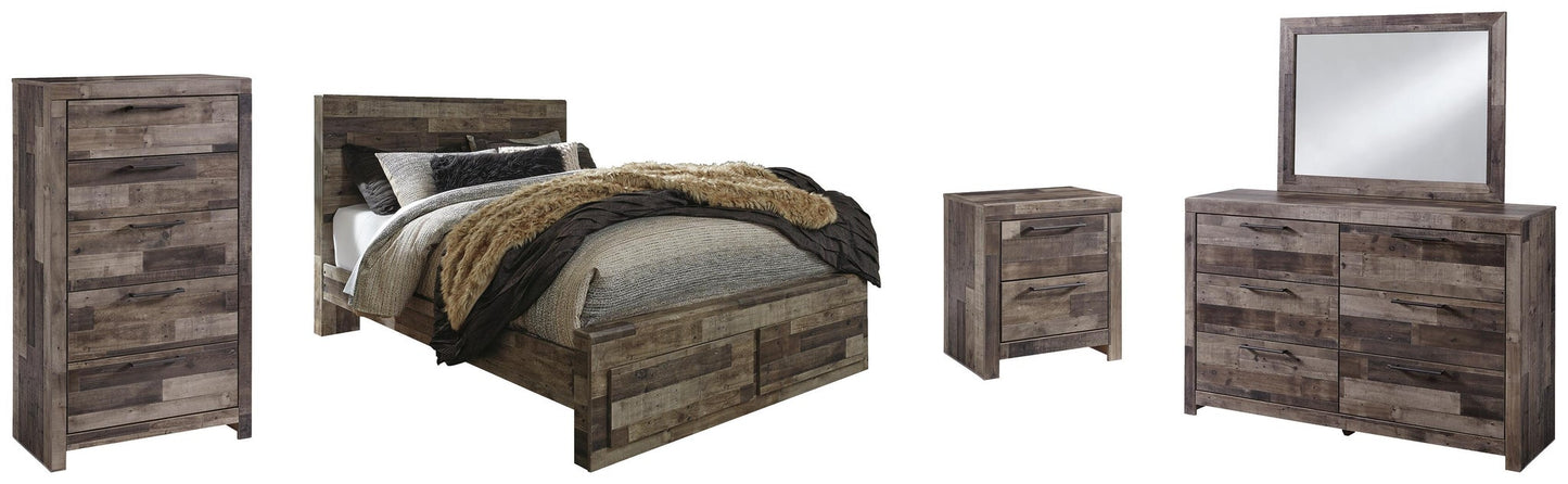 Cama Derekson tamaño Queen con dos cajones, tocador con espejo, cómoda y mesita de noche.