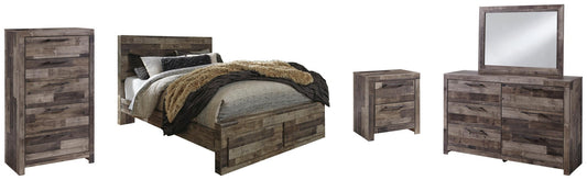 Cama Derekson tamaño Queen con dos cajones, tocador con espejo, cómoda y mesita de noche.