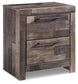 Cama Derekson tamaño Queen con dos cajones, tocador con espejo, cómoda y mesita de noche.