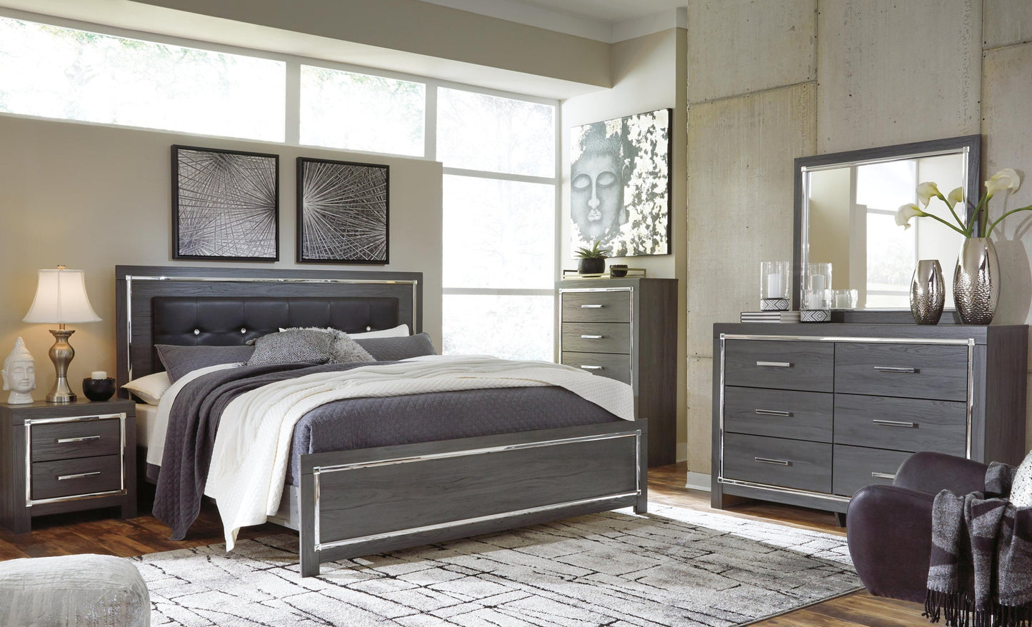 Cama Lodanna King con cabecero y tocador con espejo