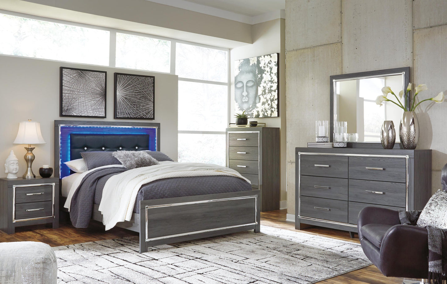 Cama Lodanna Queen con cabecero y tocador con espejo