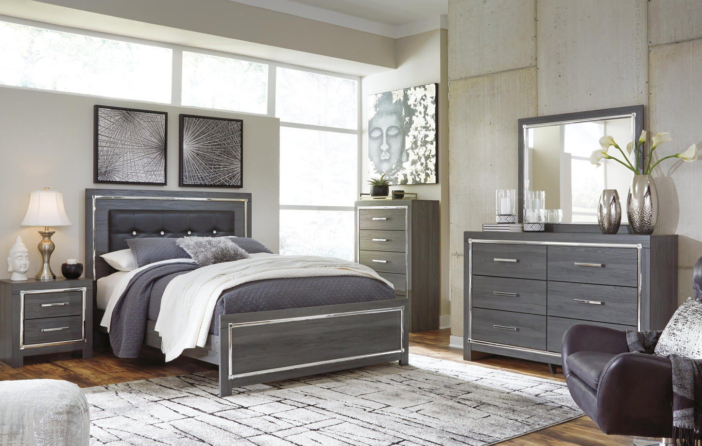 Cama Lodanna tamaño Queen con cabecero, tocador con espejo, cómoda y mesita de noche