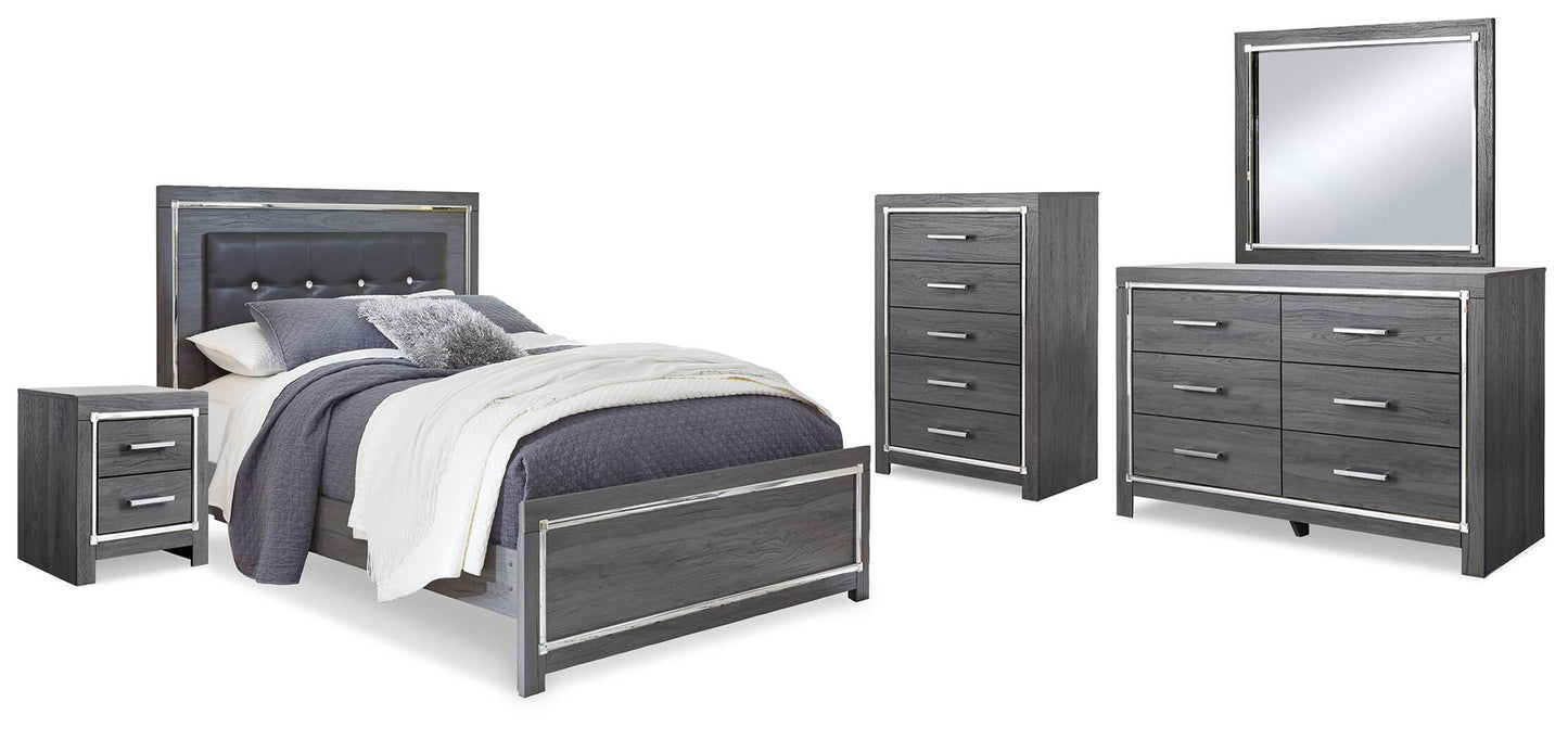 Cama Lodanna tamaño Queen con cabecero, tocador con espejo, cómoda y mesita de noche