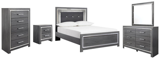 Cama Lodanna de tamaño completo con tocador con espejo, cómoda y mesita de noche