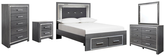 Cama Lodanna de tamaño completo con dos cajones, tocador con espejo, cómoda y mesita de noche.