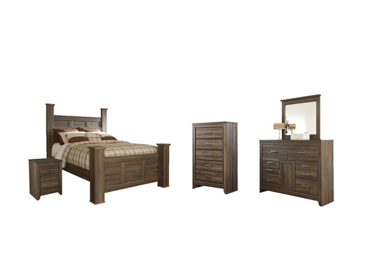 Cama con dosel Juararo tamaño queen con tocador con espejo, cómoda y mesita de noche